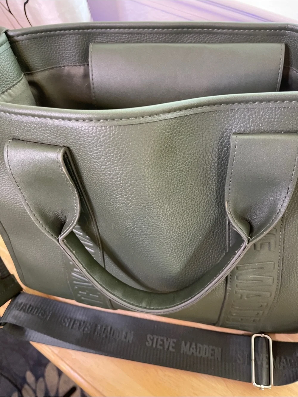 Steve Madden Dark Olive Green Messenger Tote with Branded Strap